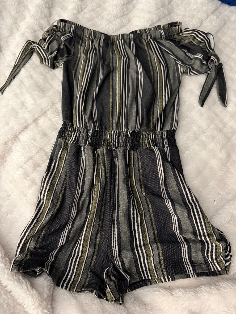 Derek Heart Black, Olive & White Striped Off-Shoulder Romper